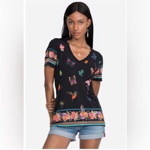 Johnny Was Zooey Favorite Border Short Sleeve V-Neck Slim Tee